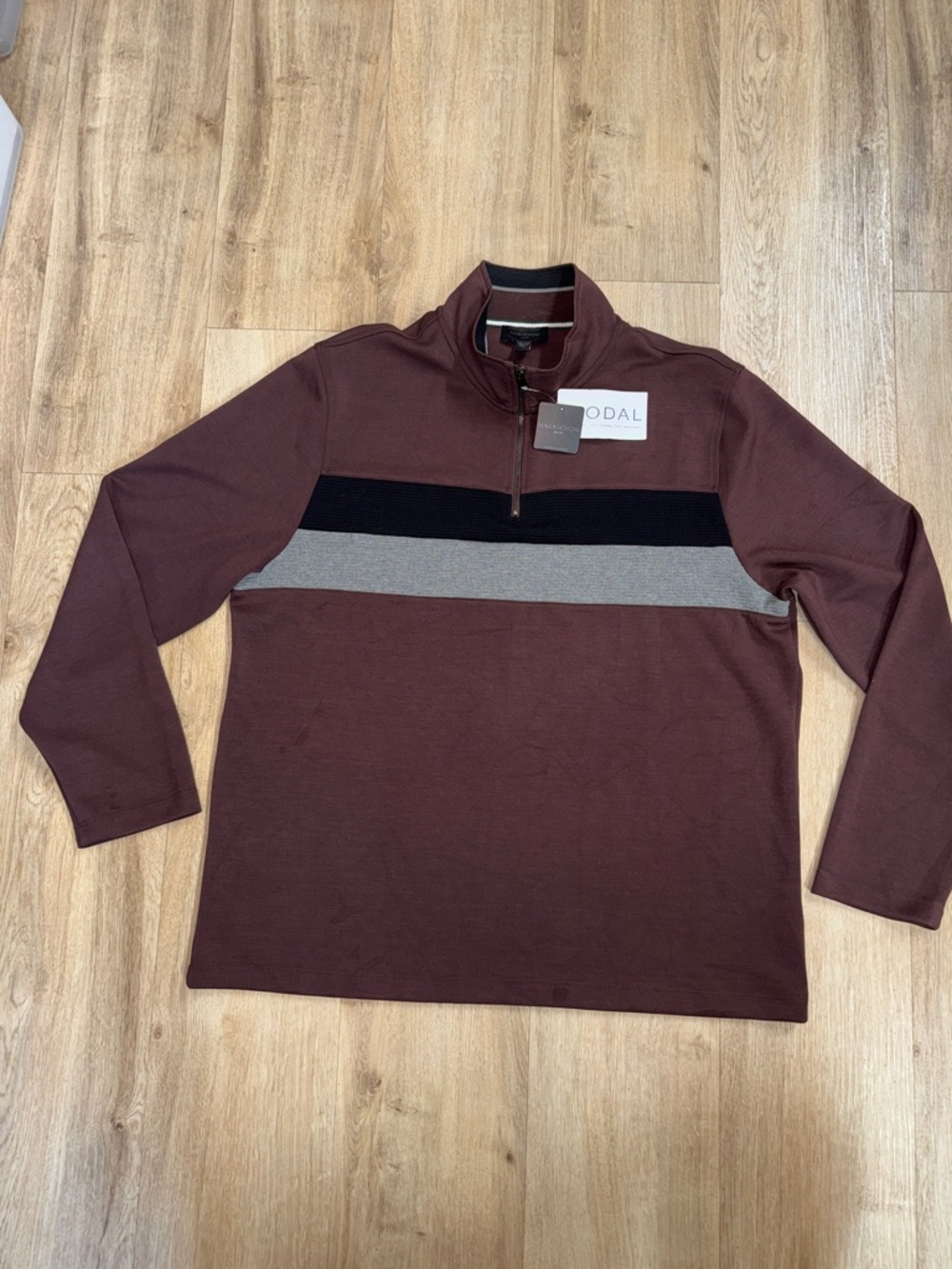 Magaschoni Men's Burgundy Zip-Up Sweater with Black and Gray Stripes Size XL